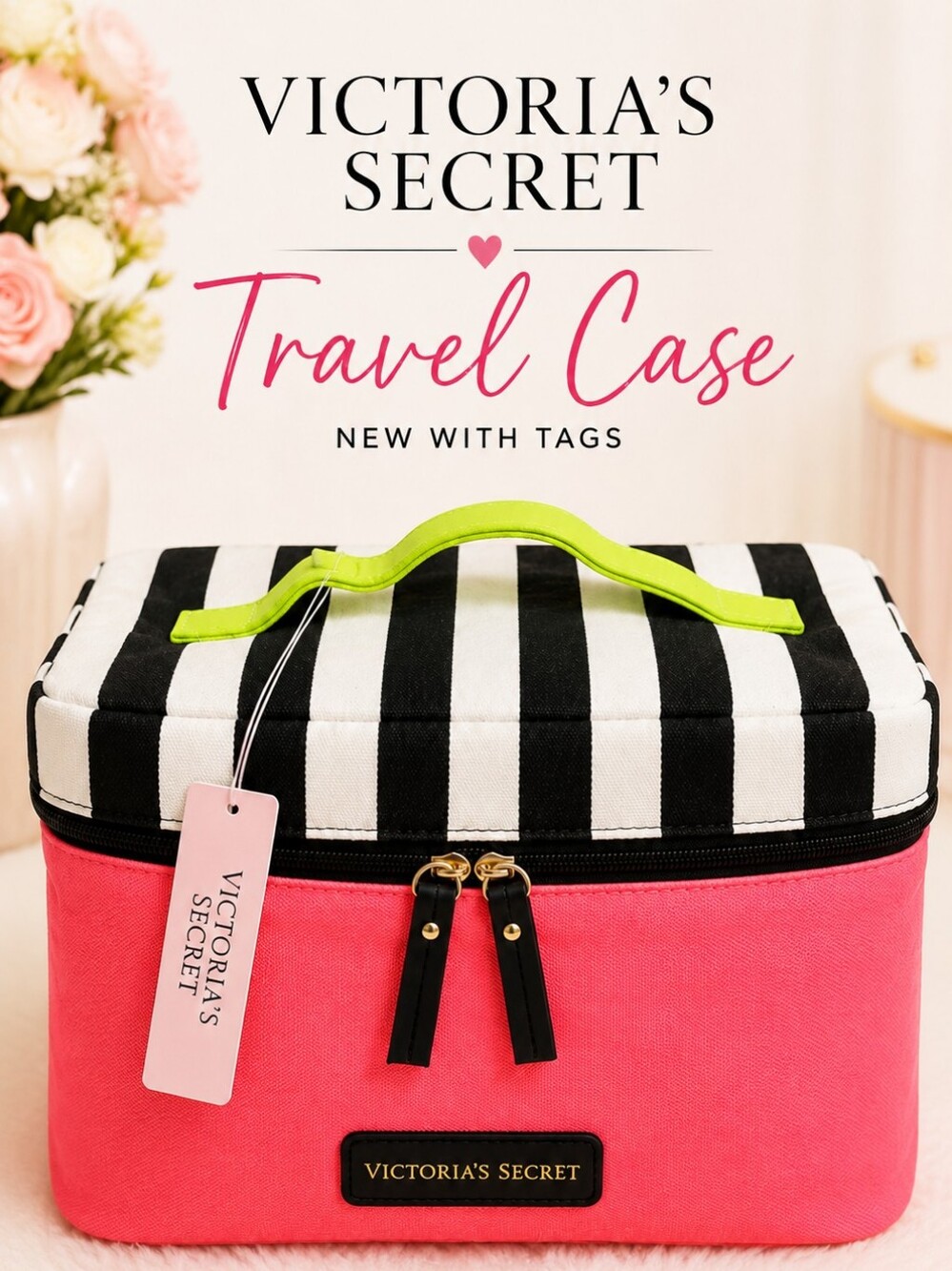 Victoria's Secret NWT Travel Train Case Pink Stripe Makeup Cosmetic Organizer
